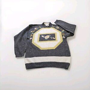 Point Sweater Women M/L Gray Floral Embroidery Italy LS Crewneck Wool Blend Boho